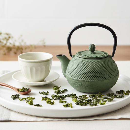 Théière japonaise avec feuilles de Sencha, tasse en céramique, lumière naturelle – univers ZENLAVIE