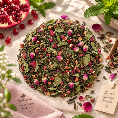 Thé Vert BIO Grenade Menthe 100g - Pétales de Rose