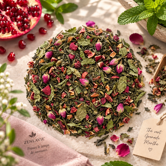 Thé Vert BIO Grenade Menthe 100g - Pétales de Rose