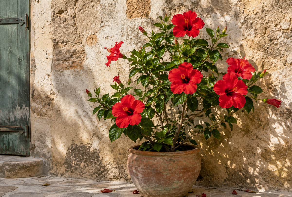 Arbuste d'hibiscus en fleurs rouges dans une jarre en terre cuite – ZENLAVIE