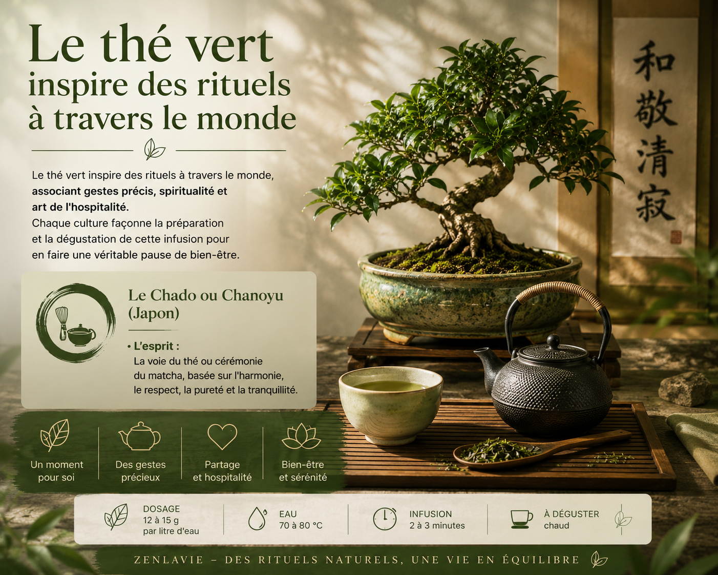 Le thé vert inspire des rituels à travers le monde – Bonsaï, théière japonaise, ambiance zen ZENLAVIE