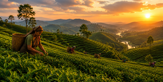Plantation de thé en Assam, Inde – cueilleuses au coucher du soleil, rangées de théiers à perte de vue, rivière et montagnes en arrière-plan