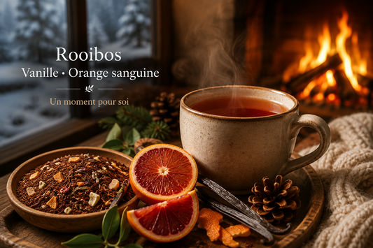 Rooibos Vanille – Orange Sanguine BIO, tasse fumante et écorces d’orange au coin du feu — ZENLAVIE